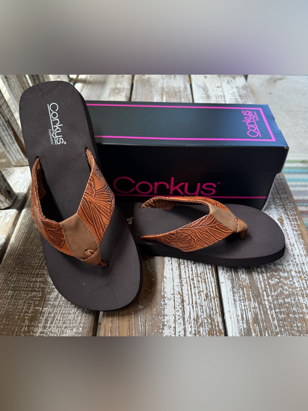 Corkys Brown Floral-Embossed Strap Flip Flops - Summer Break Style
